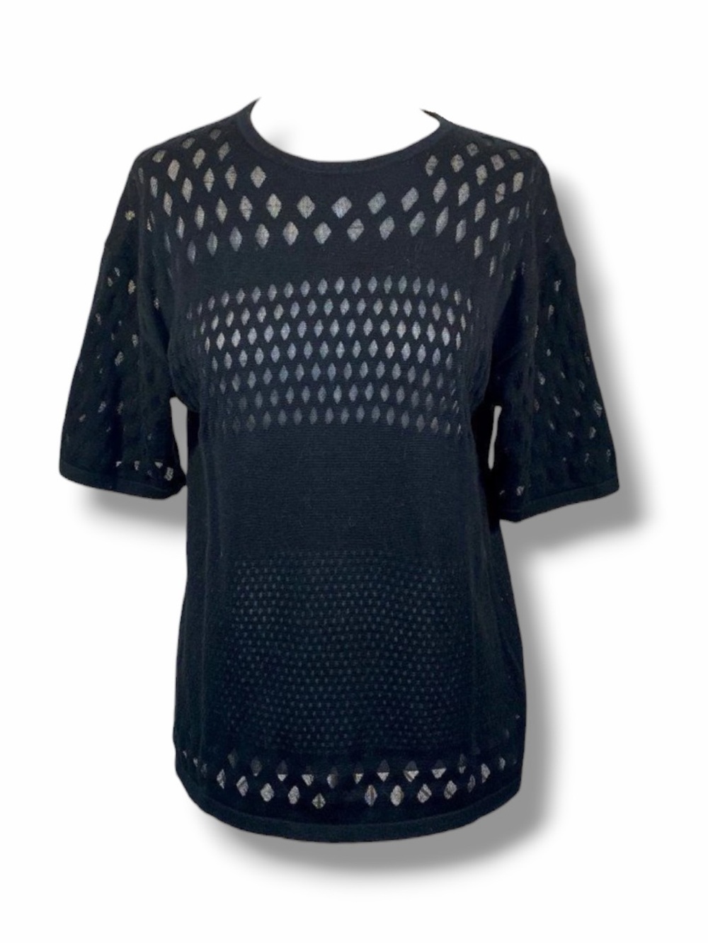 Helmut Lang Diamond Open Knit Black Sweater Top Crewneck Dropped Shoulder Size P